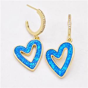 Copper Heart Stud Earrings Pave Blue Fire Opal Zircon 18K Gold Plated, approx 17-19mm, 15mm dia