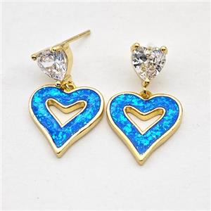 Copper Heart Stud Earrings Pave Blue Fire Opal 18K Gold Plated, approx 8mm, 15mm