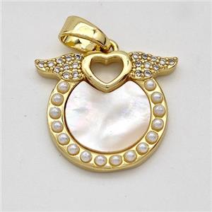 Copper Angel Wings Pendant Pave Shell Zirconia 18K Gold Plated, approx 18-20mm