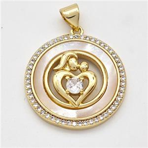 Copper Circle Pendant Pave Shell Zirconia Kids Heart 18K Gold Plated, approx 22mm