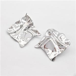 Copper Square Stud Earrings Hammered Platinum Plated, approx 40-45mm