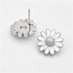 Copper Sunflower Stud Earrings White Enamel Platinum Plated, approx 14mm