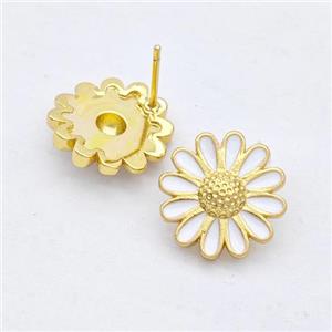 Copper Sunflower Stud Earrings White Enamel Gold Plated, approx 14mm