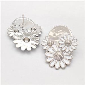 Copper Sunflower Stud Earrings White Enamel Platinum Plated, approx 30-36mm