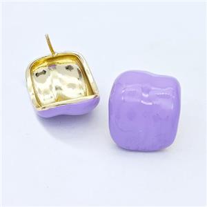 Copper Stud Earrings Lavender Enamel Gold Plated, approx 18-20mm