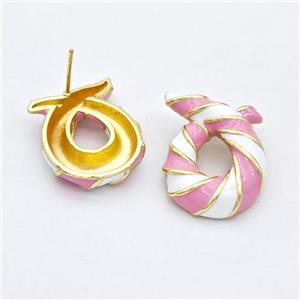 Copper Stud Earrings Awareness Ribbons White Pink Enamel Gold Plated, approx 20-23mm