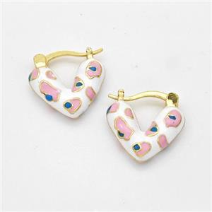 Copper Latchback Earrings Heart White Enamel Gold Plated, approx 16mm