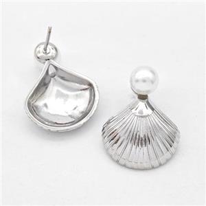 Copper Stud Earring Pave Pearlized Plastic Scallop Shell Platinum Plated, approx 7mm, 17-18mm