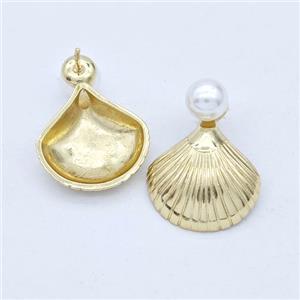 Copper Stud Earring Pave Pearlized Plastic Scallop Shell Gold Plated, approx 7mm, 17-18mm