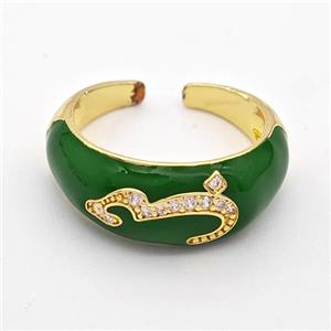 Copper Rings Pave Zirconia Green Enamel Seahorse Gold Plated, approx 9mm, 18mm dia