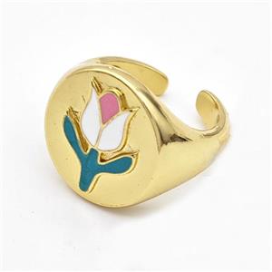 Copper Tulip Rings Enamel Flower Gold Plated, approx 19mm, 18mm dia