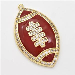 American Football Charms Copper Rugby Pendant Pave Zirconia Red Enamel Sport Gold Plated, approx 22-35mm