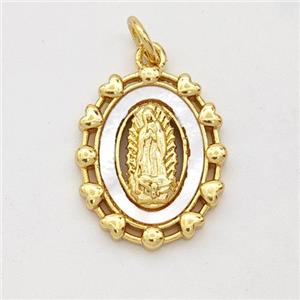 Virgin Mary Charms Copper Pendant Pave Shell 18K Gold Plated, approx 14-18mm