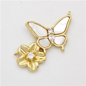 Copper Butterfly Pendant Pave Shell Zirconia Flower 2loops 18K Gold Plated, approx 10mm, 10-15mm