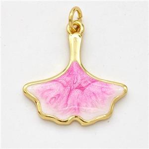 Copper Ginkgo-Leaf Pendant Pink Painted 18K Gold Plated, approx 18-20mm