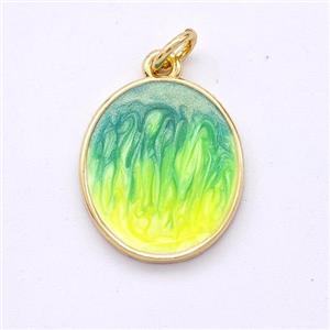 Copper Oval Pendant Yellowgreen Painted 18K Gold Plated, approx 14-16mm