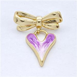 Copper Bowknot Heart Pendant Purple Painted 18K Gold Plated, approx 14-19mm, 9-23mm