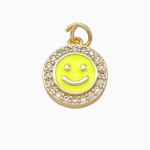Copper Emoji Pendant Pave Zirconia Yellow Enamel Smile Face Gold Plated, approx 11.5mm