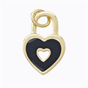 Copper Heart Lock Pendant Black Enamel Gold Plated, approx 12-19mm