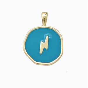 Copper Lightning Pendant Teal Enamel Circle Gold Plated, approx 13.5mm