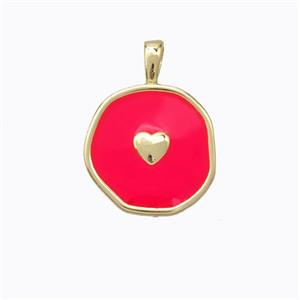 Copper Heart Pendant Red Enamel Circle Gold Plated, approx 13.5mm