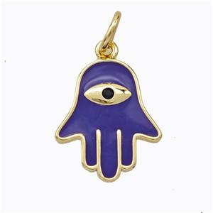 Copper Hamsahand Pendant Purple Enamel Eye Gold Plated, approx 14-17mm