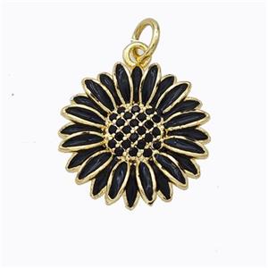 Copper Sunflower Pendant Black Enamel Gold Plated, approx 17mm