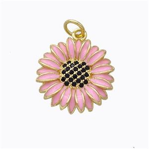 Copper Sunflower Pendant Pink Enamel Gold Plated, approx 17mm