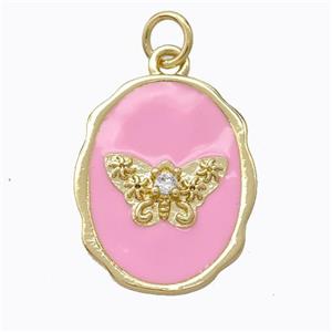 Copper Butterfly Pendant Pave Zirconia Pink Enamel Oval Gold Plated, approx 16-20mm