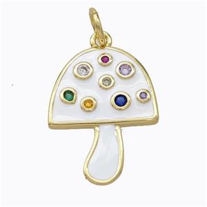 Copper Mushroom Pendant Micro Pave Zirconia White Enamel Gold Plated, approx 16-20mm