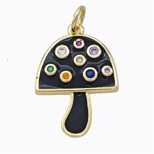 Copper Mushroom Pendant Micro Pave Zirconia Black Enamel Gold Plated, approx 16-20mm