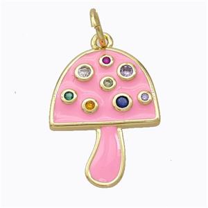 Copper Mushroom Pendant Micro Pave Zirconia Pink Enamel Gold Plated, approx 16-20mm