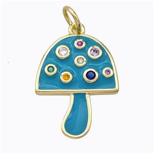 Copper Mushroom Pendant Micro Pave Zirconia Teal Enamel Gold Plated, approx 16-20mm