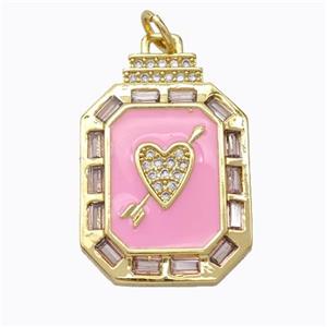 Cupid Arrow Heart Charms Copper Pendant Pave Zirconia Pink Enamel Rectangle Gold Plated, approx 16-23mm