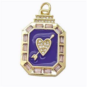 Cupid Arrow Heart Charms Copper Pendant Pave Zirconia Purple Enamel Rectangle Gold Plated, approx 16-23mm