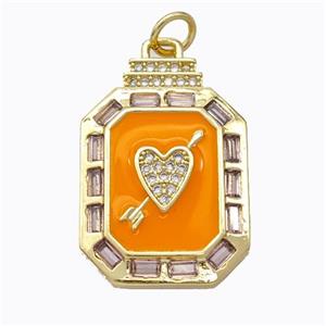 Cupid Arrow Heart Charms Copper Pendant Pave Zirconia Orange Enamel Rectangle Gold Plated, approx 16-23mm