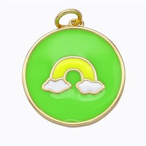 Copper Rainbow Pendant Green Enamel Circle Gold Plated, approx 21mm