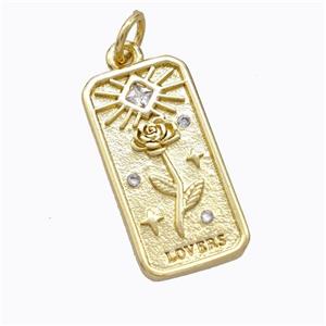 Copper Flower Pendant Pave Zirconia Rectangle Gold Plated, approx 10.5-20mm