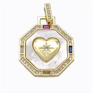 Copper Octagon Pendant Pave Zirconia Shell Heart Gold Plated, approx 21mm