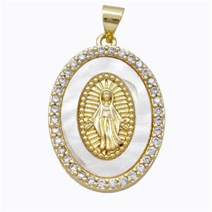 Virgin Mary Charms Copper Oval Pendant Pave Shell Zirconia Gold Plated, approx 19-25mm