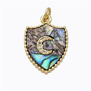 Copper Shield Pendant Pave Abalone Shell Zirconia Moon Gold Plated, approx 15-18mm