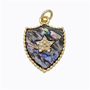 Copper Shield Pendant Pave Abalone Shell Zirconia Star Gold Plated, approx 15-18mm