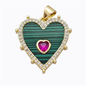 Copper Heart Pendant Pave Malachite Zirconia Gold Plated, approx 20mm