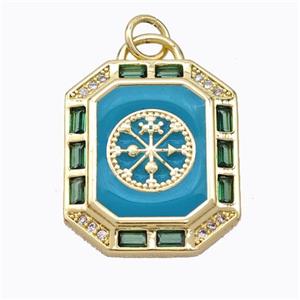 Copper Octagon Pendant Pave Zirconia Teal Enamel Compass Gold Plated, approx 17-20mm