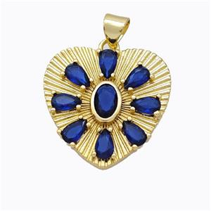 Copper Heart Pendant Micropave Blue Zirconia Gold Plated, approx 21mm