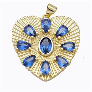 Copper Heart Pendant Micropave Blue Zirconia Gold Plated, approx 28mm