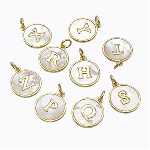 Copper Letter Pendant Micro Pave Shell Circle Mixed Alphabet Gold Plated, approx 16mm