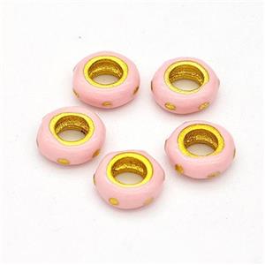 Copper Rondelle Beads Pink Enamel Large Hole Gold Plated, approx 6mm, 3mm hole