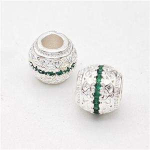 Copper Round Beads Micro Pave Green Zirconia Large Hole Shiny Silver, approx 8mm, 4mm hole