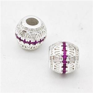 Copper Round Beads Micro Pave Fuchsia Zirconia Large Hole Shiny Silver, approx 8mm, 4mm hole